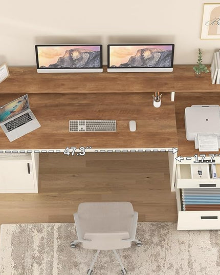 65 Inch Computer Desk with 3 Drawers & Storage Shelves, Executive Desk with File Drawer & Cabinet, Home Office Desk with Long Monitor Stand & Printer Shelf, Antique White