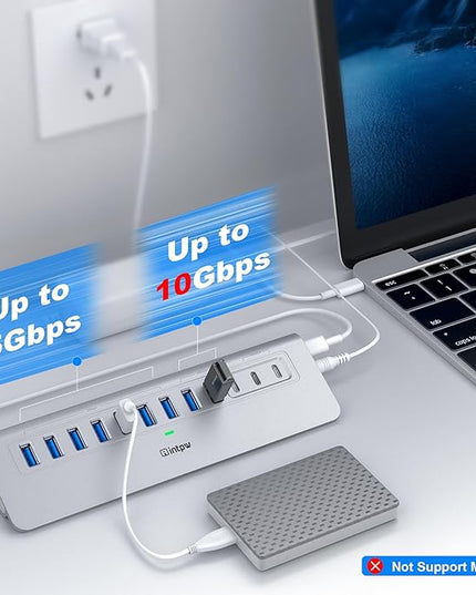 YH9AC Powered USB Hub 10Gbps, intpw 12 Port USB C Hub with 10Gbps USB C 3.2+2 USB A 3.2, 7 USB 3.0, 2 PD 45W Charging Port, 65W Power Adapter + 3.3FT Cable, Aluminum USB Hub for Laptop/iPhone 17/16/PC
