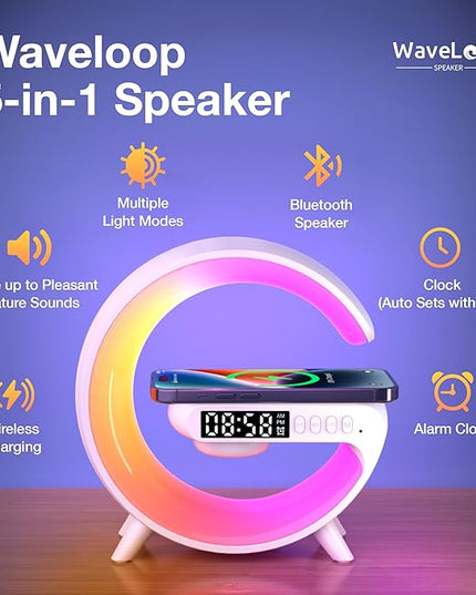 Waveloop Speaker Alarm Clocks for Bedrooms with Wireless Charging and G Bluetooth Speaker, Sunrise Wake Up Light RGB Night Lamp, 4-Button Bedside Alarm Clock for Bedroom Time Display, USB-C