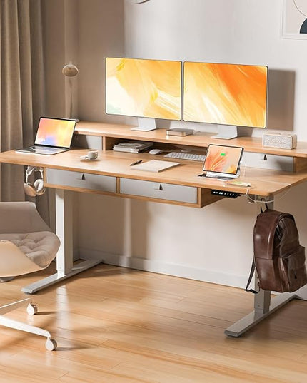 Electric Standing Desk, 63 * 30 Inches Adjustable Height with 4 Drawers, Double Storage Shelves, Home Office Workstation Sit Stand up Desk (Nature)