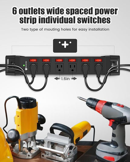 Heavy Duty Power Strip,6 Outlets Metal Power Strip with Individual Switch & Cord Management,Mountable Surge Protector 1200J,10FT Extension Cord (Black,10 FT)