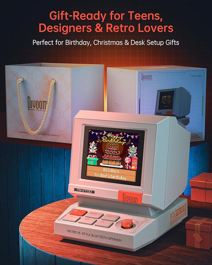 Divoom MiniToo Retro PC-Style Computer Speaker, Smart Pixel Screen with DIY Faces, Bluetooth & USB Audio, Alarm/White Noise Clock, Desk Setup Gift for Bedroom, Office & Gaming