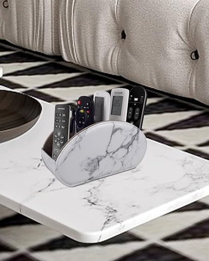 RHCSZ Leather Remote Control Holder with 5 Compartments TV Remote Caddy Store Box,Desktop Organizer for Controller, Glasses and Media Player,Pen Storage (White)