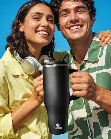 34HD 40 oz Stainless Steel Tumbler - Leakproof Insulated Water Bottle with Handle, Magnetic Lid and Flexible Straw - Iced for 48 Hours – Perfect for Men, Women, Birthday Gift, Black - Midnight Onyx