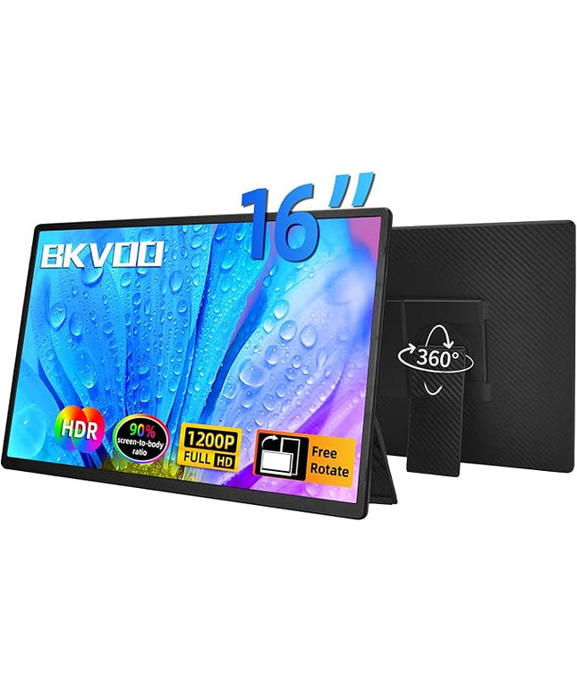 BKVOO Portable Monitor Laptop Screen Extender - 16" 1200P FHD Travel External Display USB-C HDMI Port Detachable Kickstand Gaming Monitor Compatible with Wins Mac Chrome Dex Phone