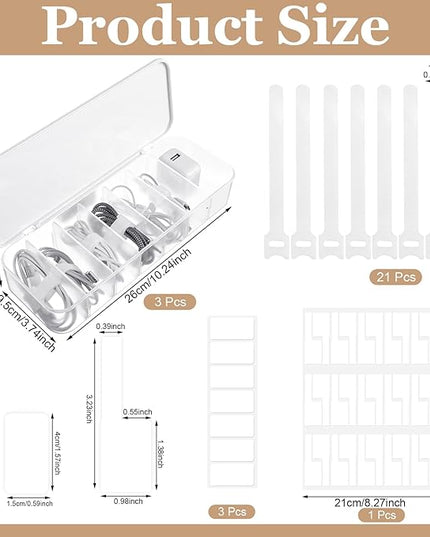 Cable Organizer Box with Lid, 3 Pcs Cable Cord Storage Organizer Box with 21 Wire Ties 54 Cable Labels, 7 Compartments Charger Organizer for Office Drawer Desk Accessories Case