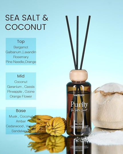 M&SENSE Seasalt Coconut Reed Diffuser: 6.3 fl oz Non-Toxic Aroma Set with Sticks, Light & Subtle Fragrance, Long-Lasting Natural Essential Oil Gifts for Bedroom, Shelf Decor & Small Spaces