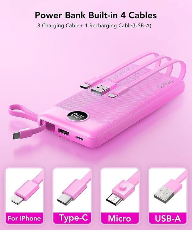 VRURC Portable Charger 10000mAh, Travel Essentials Battery Pack, 5 Output 2 Input Power Bank, Built-in Micro & USB C Cables Phone Charger Compatible with iPhone,Samsung,Android-Purple(1 Pack)