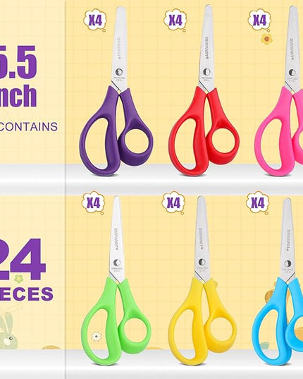 BURVAGY 24Pack 5.5" Safety Small School Kids Student Round Blunt Tip Craft Scissors Bulk, Stainless Steel Blades Comfort Grip Scissors for Kid Children Kindergarten Cutting Paper