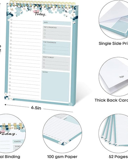 Taja To Do List Notepad - To Do List Notebook for Work with 52 Sheets, 9.8" x 6.5", Undated Daily Planner Perfect for Daily Tasks and Goal Setting, Notepad Suitable for Office, Home & School - Blue Breeze