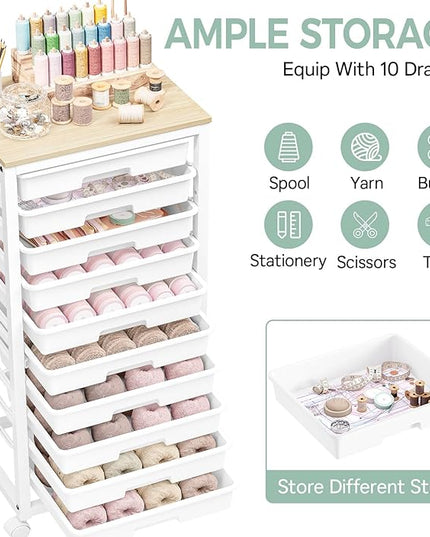 Rolling Cart with Drawers,10 Drawer Rolling Cart,Rolling storage cart with drawers,White Rolling Drawer Cart,Teacher Rolling Cart for Classroom Storage,Craft Cart with Wooden Tabletop