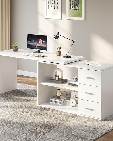 HSH White L Shaped Desk with Drawers Shelves, 360 Rotating L Shape Computer Desk with Storage Cabinet, Corner Home Office Desk Computer Table，55 Inch