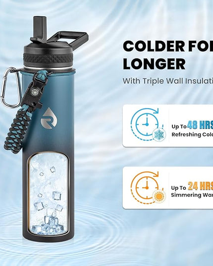 Insulated Water Bottle 24oz, Triple Wall Vacuum Stainless Steel (Cold for 48 Hrs, Hot for 24Hrs), Leak Proof & Non-BPA, 24oz Hydro Water Flask with Paracord Handle & Straw Spout Lids