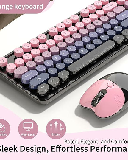 Wireless Keyboard and Mouse, MOFII 104 Round Keycaps Retro Typewriter with OTG & Brush, Full-Size Ergonomic, Ideal for Windows PC, Home, Office and College Peach Pink