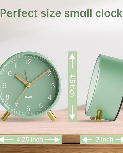 Analog Alarm Clock, 4 inch Super Silent Non Ticking Small Clock with Night Light, Battery Operated, Simple Design, easy setting for Office, Bedroom, Bedside, Desk, teens, elders, kids, adult, Green