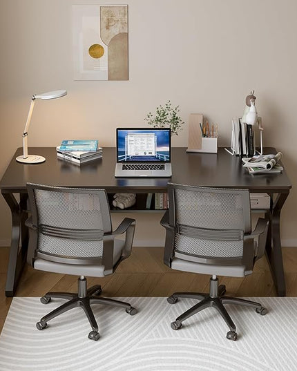 Extra Long Desk with Bookshelf - 55" Double Long Writing Table for 2-Person Workstation, Modern Study Work Computer Desk for Home and Office, Black