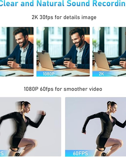 2K Webcam, FHD Computer Streaming Camera with 2K/30fps, 1080P/60fps, Autofocus, Dual Noise-Cancelling Microphones and Tripod, for Computer/Zoom/Skype/Teams/Laptop/MacBook/Windows