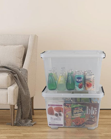 30 Quart Clear Plastic Latch Storage Bins with Wheels, 4-Pack Wheeled Clear Storage Totes