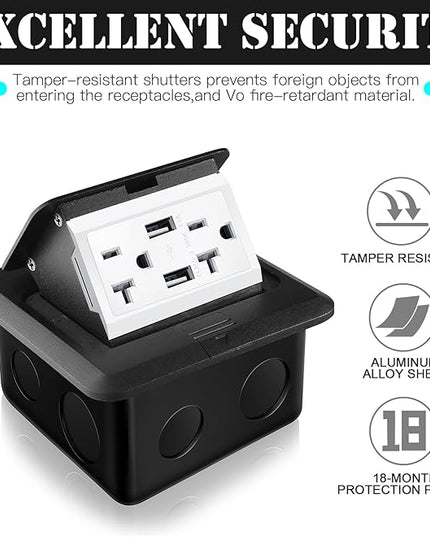 Hoolerry 4 Pack Pop up Floor Electrical Outlet Cover Box Kit with 4.8A USB Charger 20Amp Waterproof Weatherproof Floor Tamper Resistant Outlet Receptacle for Countertop Home (Black)