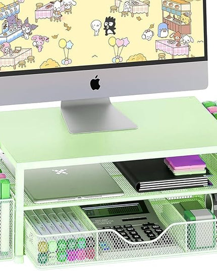 OPNICE Desk Organizers and Accessories, 2-Tier Computer Monitor Stand Riser with Drawer and 2 Pen Holders, Laptop Stand, Office Desk Accessories for Office Supplies, Green