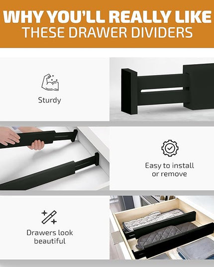 6 Pack Bamboo Drawer Dividers - 17" to 21.5" Expandable Adjustable Drawer Organizer for Kitchen Utensils, Large Drawer Divider, Clothes, Dresser, Bedroom, Bathroom, Desk Drawer Separator Set (Black)