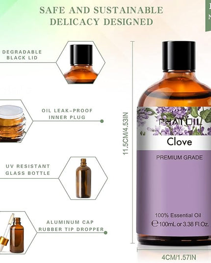PHATOIL 3.38Fl.Oz Clove Essential Oil, for Aromatherapy Diffusers with Glass Dropper, Humidifiers, Great for DIY Candle and Soap Making, Gift for Friend