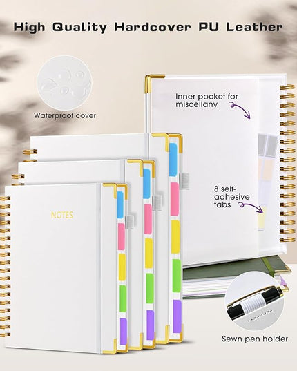 Hardcover Spiral Notebook Journal with Removable Dividers Tabs, 300 Pages Leather 5 Subject Notebook College Ruled, 8"x10" Large Notebooks for Work School Note taking, Lined Journal for Women, White