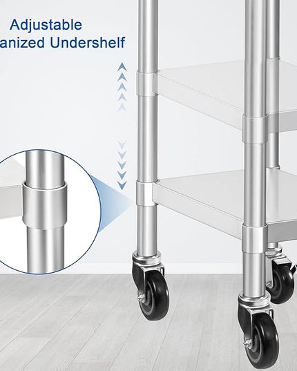 HARDURA Stainless Steel Commercial Table Prep & Work Table with Casters Heavy Duty Metal Table with Wheels NSF 430 24×15 Inches