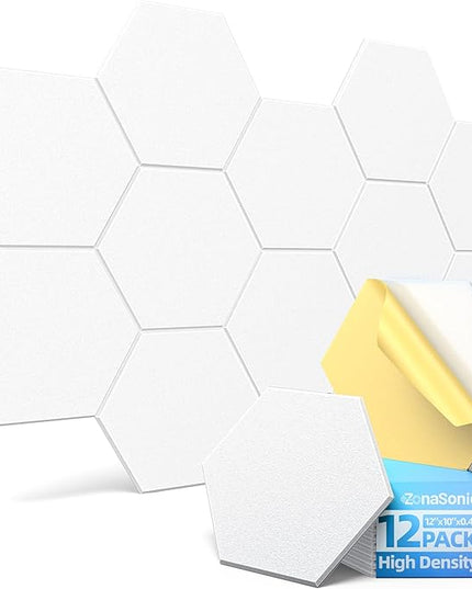 12 Pack Hexagon Acoustic Panels with Self-Adhesive, 12" X 10" X 0.4" Sound Proof Foam Panels for Walls, High Density Soundproof Wall Panels, Sound Dampening Panels for Home Studio Decor Office - White