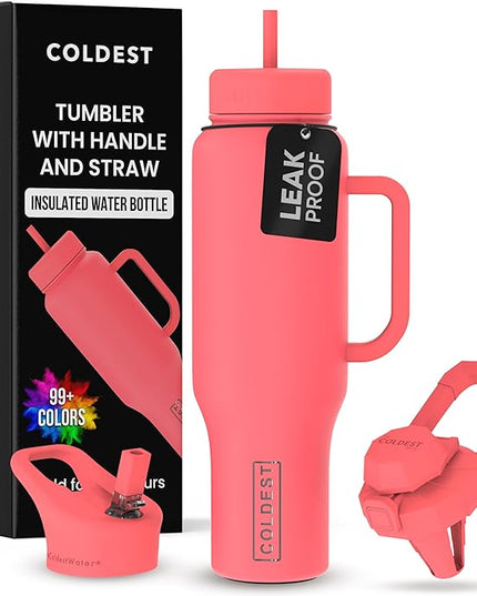 Coldest Tumbler with Handle and Straw - 100% Leak Proof Insulated Tumbler with Lid and Straw (3 Lids) - Stainless Steel Tumblers for Women & Men - Cup Holder Friendly Base, 46 oz (The Cardinal)