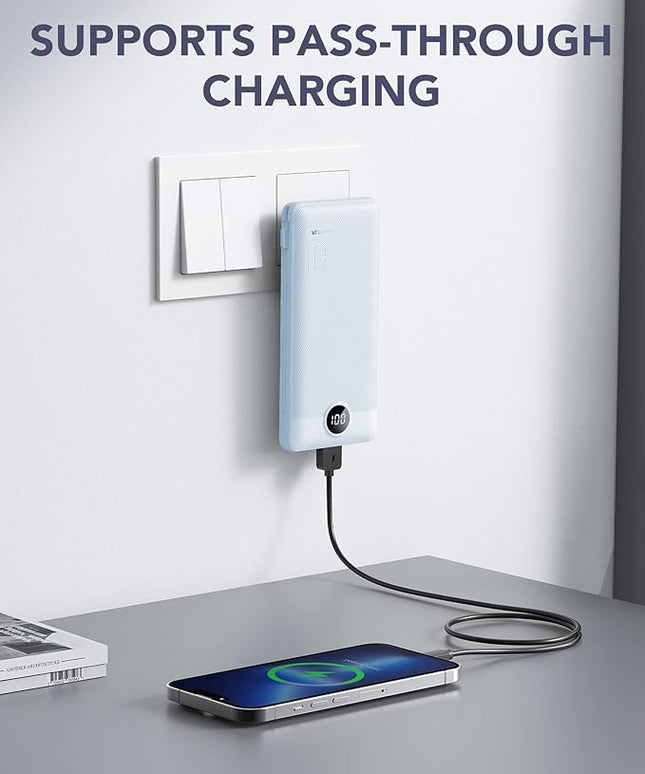 VRURC Portable Charger Built-in Cables and AC Wall Plug, USB C Power Bank 10000mAh, Travel Essentials Phone Charger Compact Lightweight External Battery Pack for Smart Phones, Tablets etc-Blue