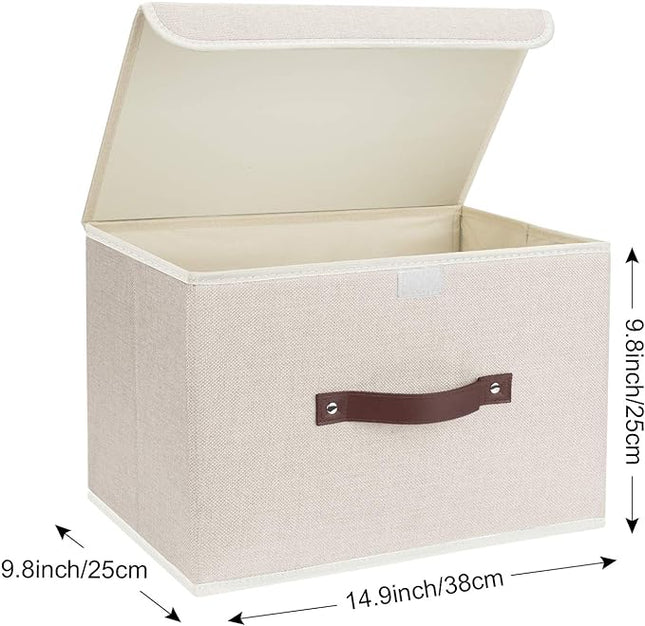 TYEERS Collapsible Storage Boxes, Washable Fabric Storage Bins with Lids, 14.9x9.8x9.8 inches, 2 Pack, Beige