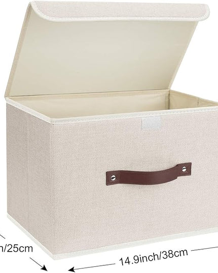 TYEERS Collapsible Storage Boxes, Washable Fabric Storage Bins with Lids, 14.9x9.8x9.8 inches, 3 Pack, Beige