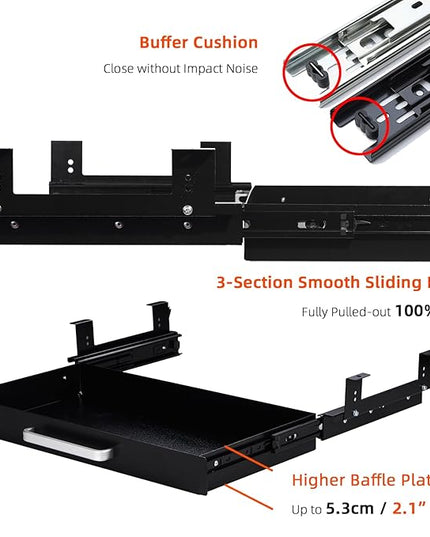 OSteed Under Desk Drawer Organizer 21" Black Upgraded with Adjustable Brackets, Sliding Pull-Out Under Table Pencil Drawer, Office Standing Desk Attachment for Workbench
