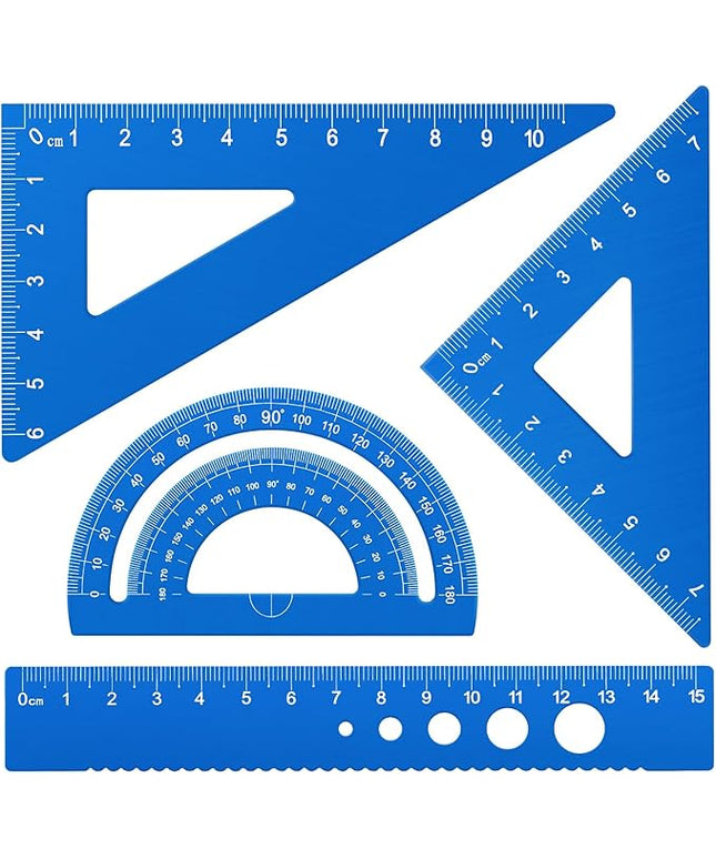 Honagu Triangular Ruler Set, 4 Pieces Aluminum Alloy Ruler, Metal Drafting Ruler, Geometric Protractor for Students, Draftsmen, Engineers, School Office Supplies (Sky Blue)