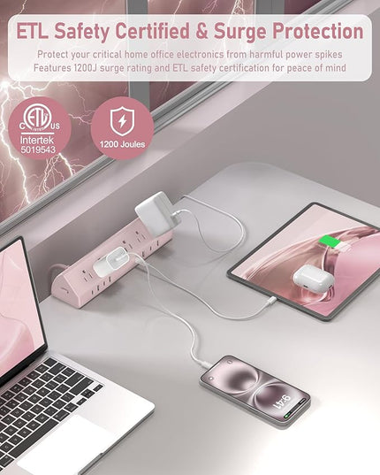 Jgstkcity Desk Clamp Power Strip, 45W Fast Charging Station,4 USB-C, 4 USB-A,1200J Surge Protector,ETL Listed,1875W Extension Cord,Multiple Outlets for Home, Office (Pink, 6 FT Cable)