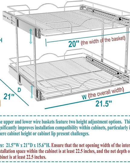 OCG 2 Tier Pull Out Cabinet Organizer (21.5" W x 21" D), Pull Out Drawers for Kitchen Cabinets, Pull Out Shelves for Base Cabinet Organization in Kitchen Bathroom Pantry, Chrome Finish
