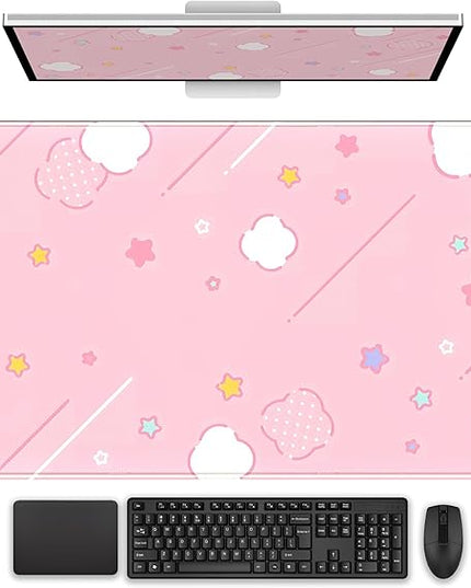 Pink Mouse Pad Large Desk Mat Gaming, Kawaii Desk Pads Stars Mouse Mat XXL Cute Keyboard Pad, Laptop Computer Mat with Non-Slip Base & Stitched Edges, Office Decor for Women 31.5" x 15.7"