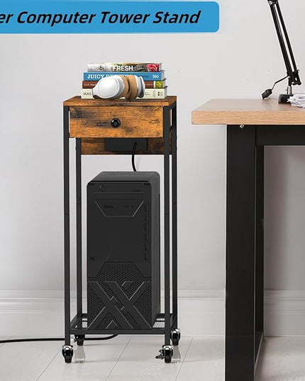 SEHERTIWY 2 Tier Computer Tower Stand, Adjustable Printer Stand with Charge Station and USB Charging Port, PC Tower Stand CPU Holder Cart with Wheels for Home Office Fax, Brown