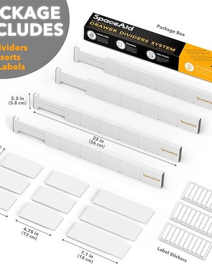 SpaceAid Bamboo Drawer Dividers with Inserts and Labels, Kitchen Adjustable Drawer Organizers, Expandable Organization for Home, Office, Dressers, 4 Dividers with 9 Inserts (17"-22" White)