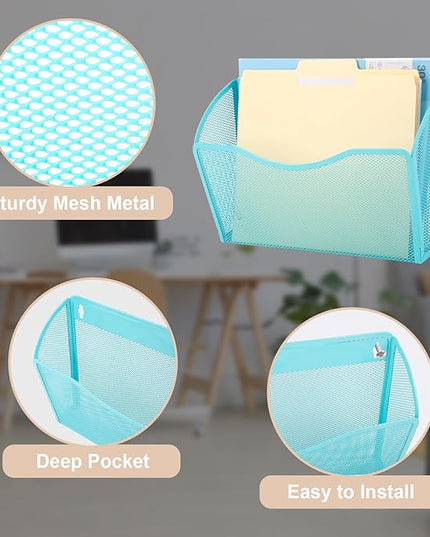 EASEPRES 3 Single Pocket Mesh Hanging File Organizer, Vertical Wall Mounted Magazine File Holder, Mount Basket Mail Paper Document Folder Organizing for Office, Home and School, Blue