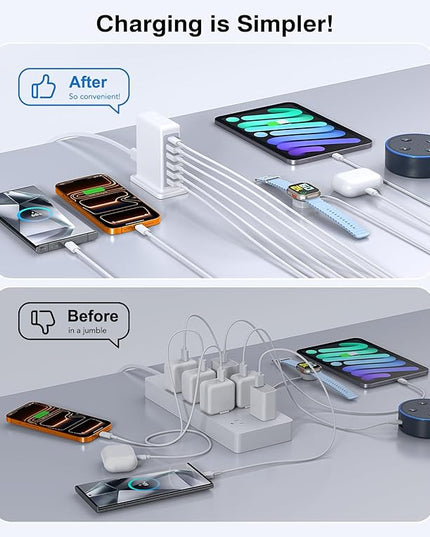 USB Charger Block, 45W 6-Port Charging Station for Multiple Devices, USB A and Type-C Charger Tower Fast Charging Dock Hub Power Strip for iPhone iPad Tablets Android Smartphones, Home Office Use