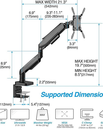 AVLT RGB Lights Single 17”-49” Gaming Monitor Arm Desk Mount, Fits One Flat/Curved/Ultrawide Screen up to 44lbs(20kg), Height Swivel Tilt Adjustable Stand - Black