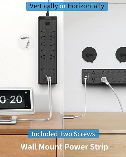 NTONPOWER 15 ft Extension Cord, Flat Plug Surge Protector Power Strip with USB, 12 Outlets Surge Protector Wall Mount, 2100 Joules, 1875W, 15A Circuit Breaker for Home Office Dorm Essentials, Black