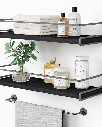 Forbena Black Floating Shelves for Bathroom Wall Set of 2, Kitchen Spice Rack Wall Mount, Modern Wood Hanging Wall Shelves for Bedroom Organizer, Restroom Pantry Closet Storage (Grey-Black)