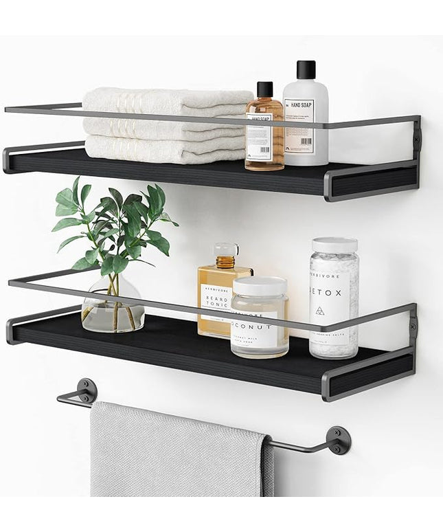 Forbena Black Floating Shelves for Bathroom Wall Set of 2, Kitchen Spice Rack Wall Mount, Modern Wood Hanging Wall Shelves for Bedroom Organizer, Restroom Pantry Closet Storage (Grey-Black)