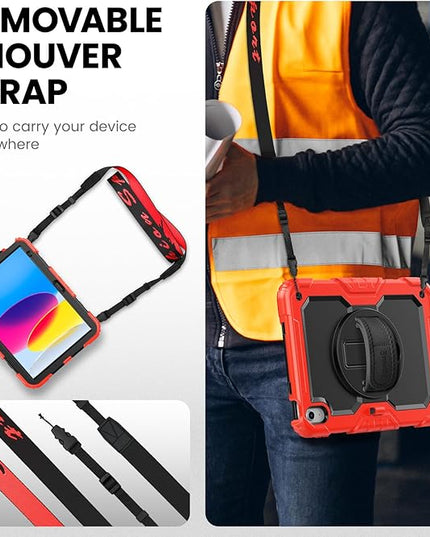 timecity for iPad (A16) 11th/ 10th Generation Case 11''/ 10.9 Inch (2025/2022) - Heavy Duty Protective Cover with Screen Protector, Stand, Shoulder Strap & Pencil Holder | Kids-Friendly - Red
