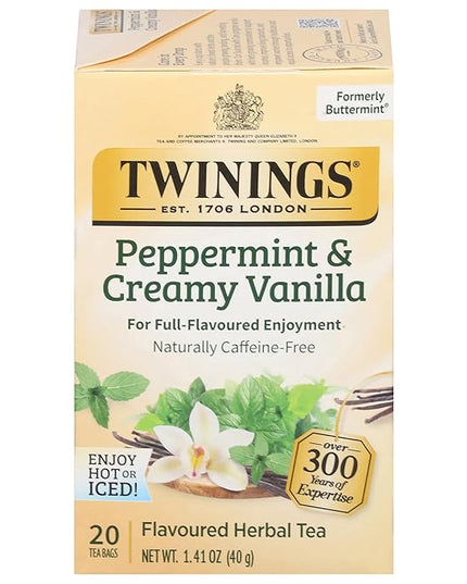 Twinings Peppermint & Creamy Vanilla Tea - A Crisp, Balanced Herbal Tea, Formerly Buttermint, Naturally Caffeine-Free Tea Bags, Individually Wrapped, 20 Count