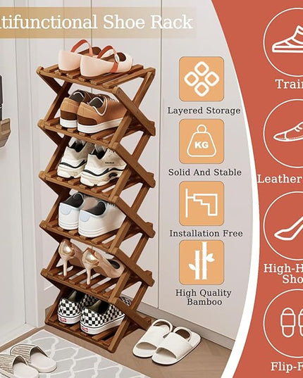Comeon Bamboo Shoe Rack, Foldable Vertical Shoe Rack for Front Door Entrance Narrow Shoe Organizer Small Shoe Shelf for Entryway Shoe Storage Closet Multi-Tier (Brown Colors,6 Layers)