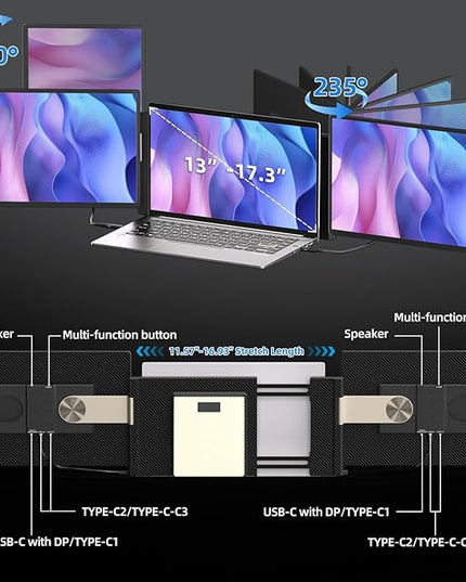 BKVOO Laptop Screen Extender 16-inch - Triple Laptop Monitor Extender Detachable FHD 1920x1200P IPS 235° Rotation Extra Portable Monitor Compatible with 13”-17” Mac Wins Dex Chrome